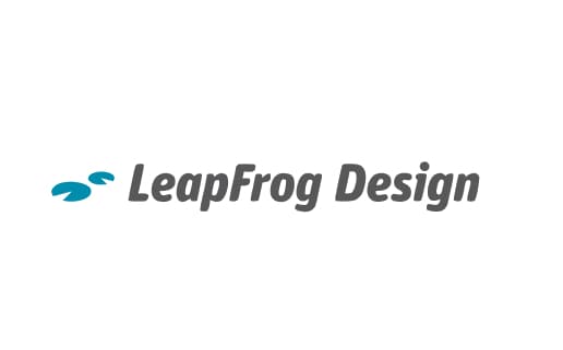Earlier LeapFrog Design logo, two blue frog shapes beside the name on white