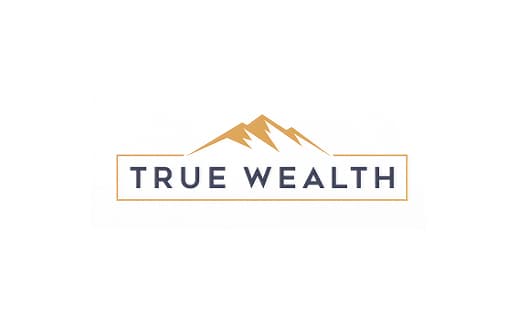 Earlier True Wealth logo, a gold mountain range above the name in a gold frame on white