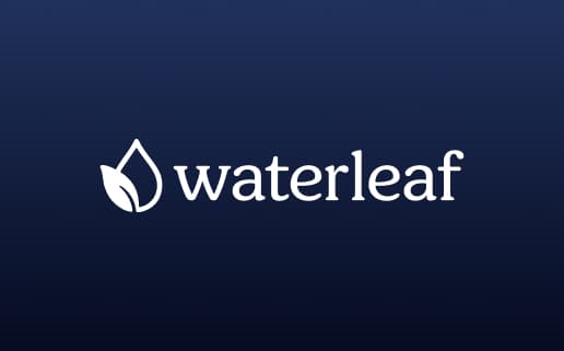 Waterleaf logo, a white leaf and drop beside the name on deep blue