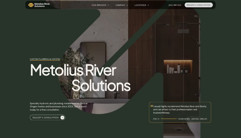 Metolius River Solutions homepage, with a bathroom photograph and a homeowner quote.
