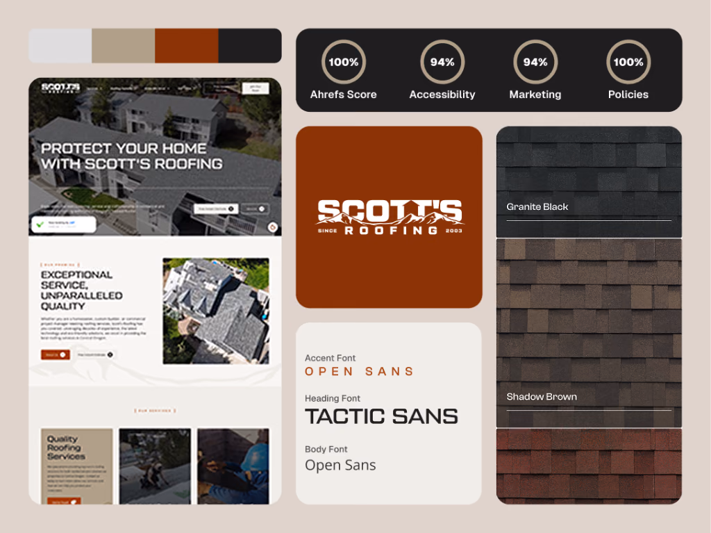 Scott's Roofing design system board with palette, logo, type, and shingle samples
