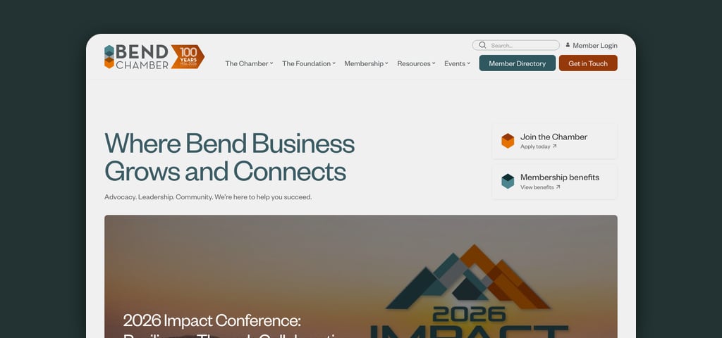 Bend Chamber of Commerce homepage, with Where Bend Business Grows and Connects